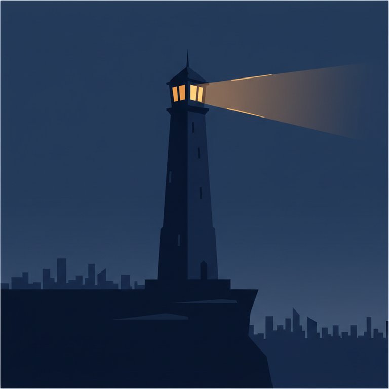 A stylized lighthouse at twilight casting an amber beam across a sparse city skyline.